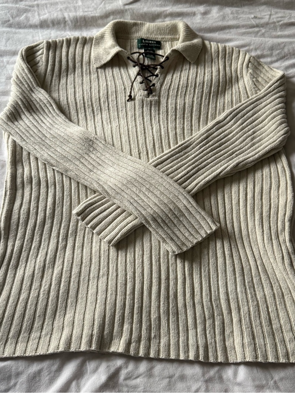 Lauren Ralph Lauren Cream Silk Linen Cotton Blend Ribbed Lace-Up Collar Sweater